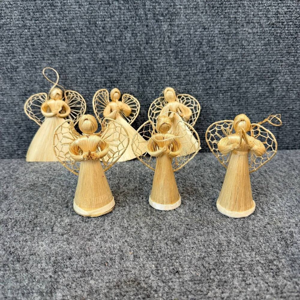 VTG Straw Angel Figurines Lot of 6 Handmade Natural Fiber Christmas Decor